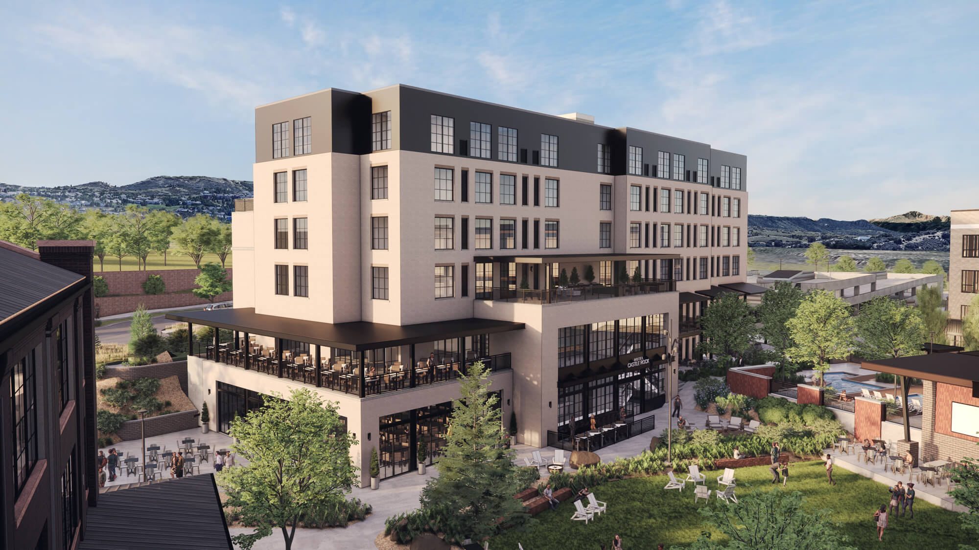 Aerial view of Hotel Castle Rock building rendering